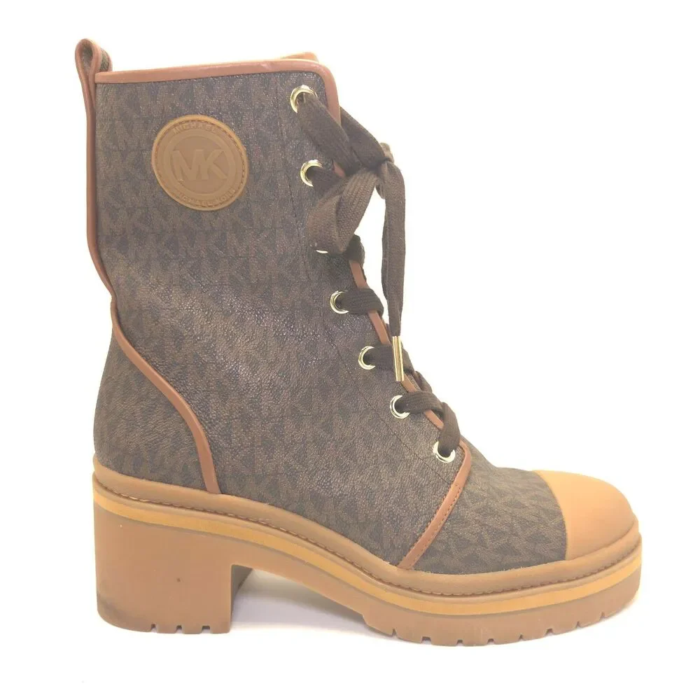 Michael Kors Corey Logo Combat Boots Brown MK Signature Women's 10M NWOT